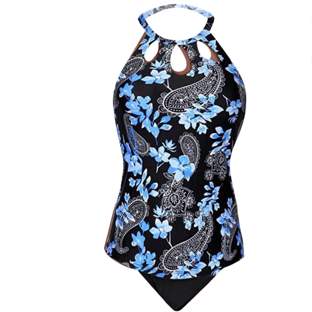 Yonique Tummy Control High Neck Tankini High Waisted Black Floral Swimsuit XL - Picture 4 of 14